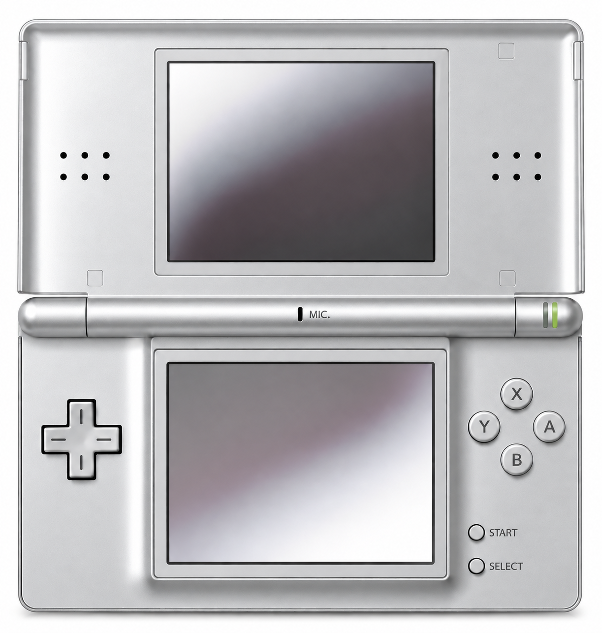 Silver clamshell handheld seen straight on: two stacked screens, a D-pad on the left and four buttons on the right.